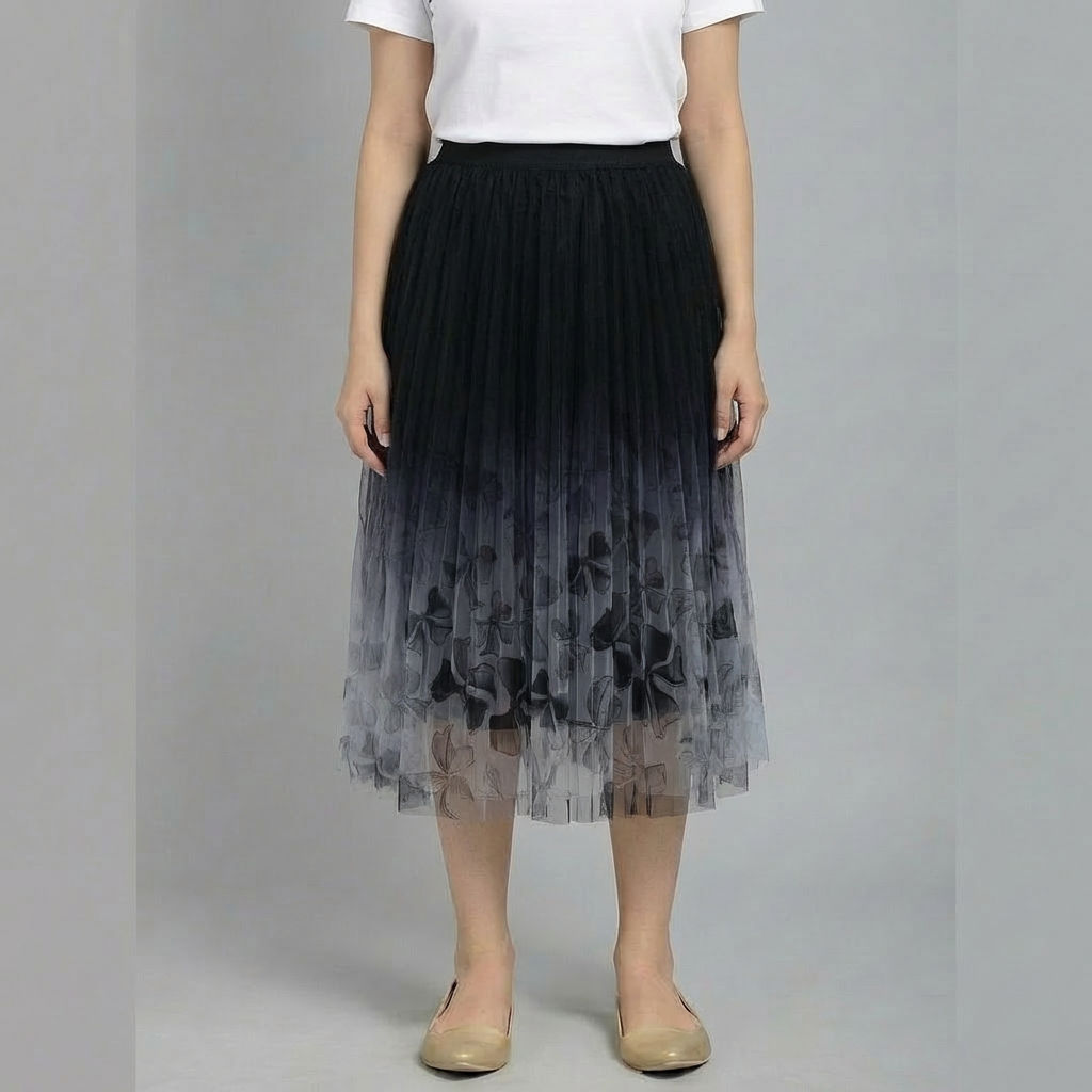 Women’s-black-ombre-midi-skirt-with-floral-mesh-overlay-and-pleated-tulle-design