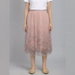 Women’s-pink-midi-skirt-with-floral-printed-mesh-overlay-and-pleated-tulle-design