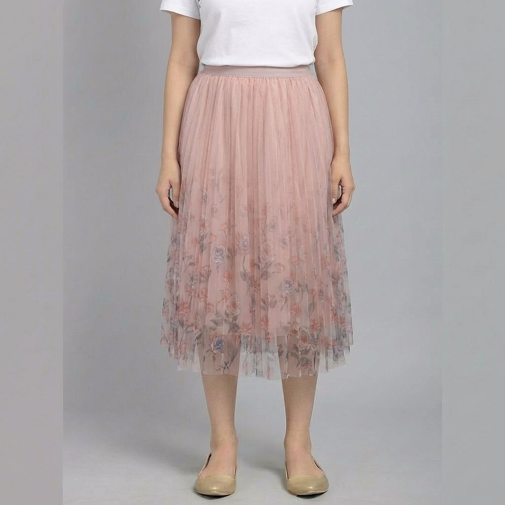Women’s-pink-midi-skirt-with-floral-printed-mesh-overlay-and-pleated-tulle-design