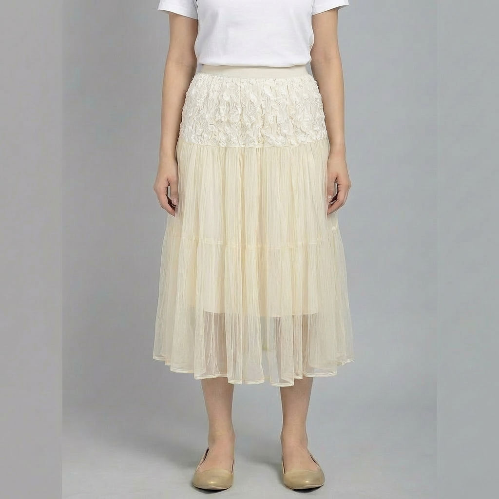 Women’s-off-white-tiered-midi-skirt-with-floral-lace-detail-and-layered-tulle-mesh-design