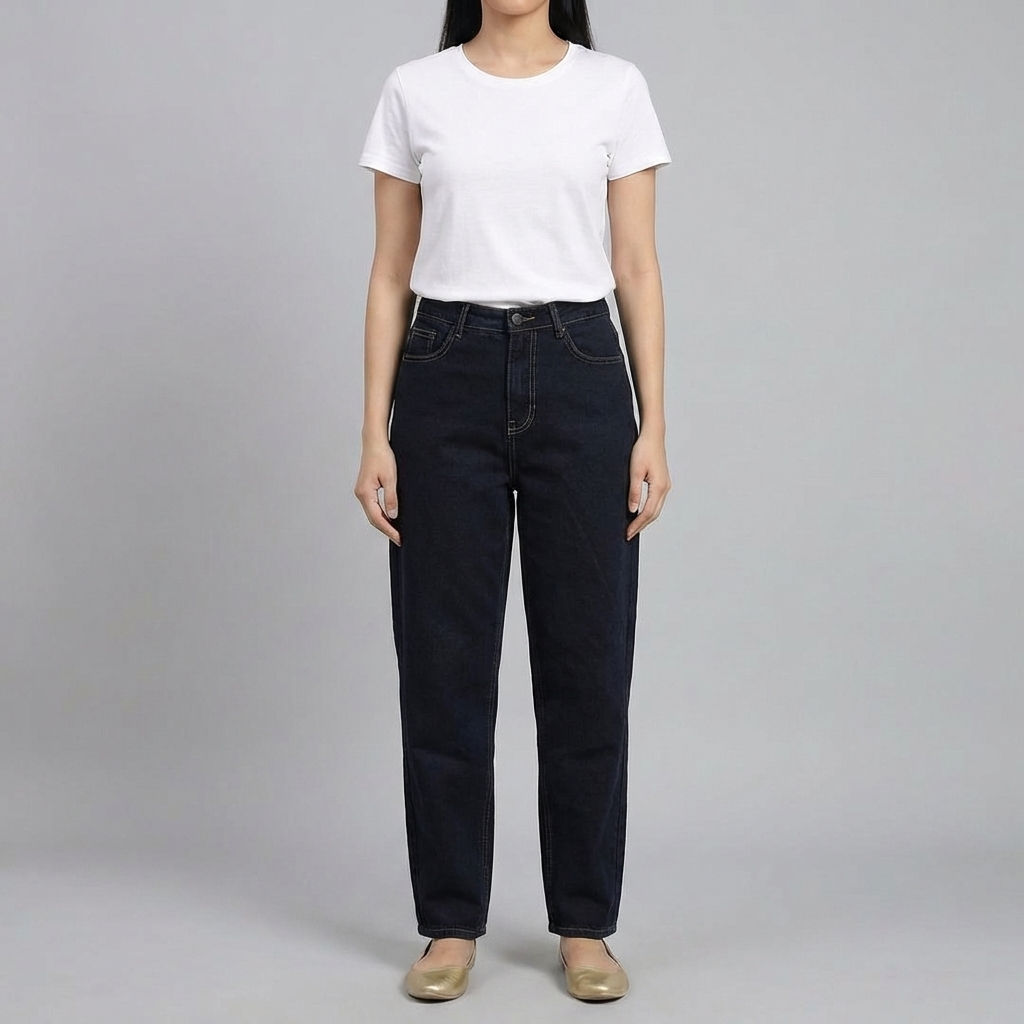 Women’s-dark-wash-high-waist-straight-leg-denim-jeans-with-full-length-classic-fit-design
