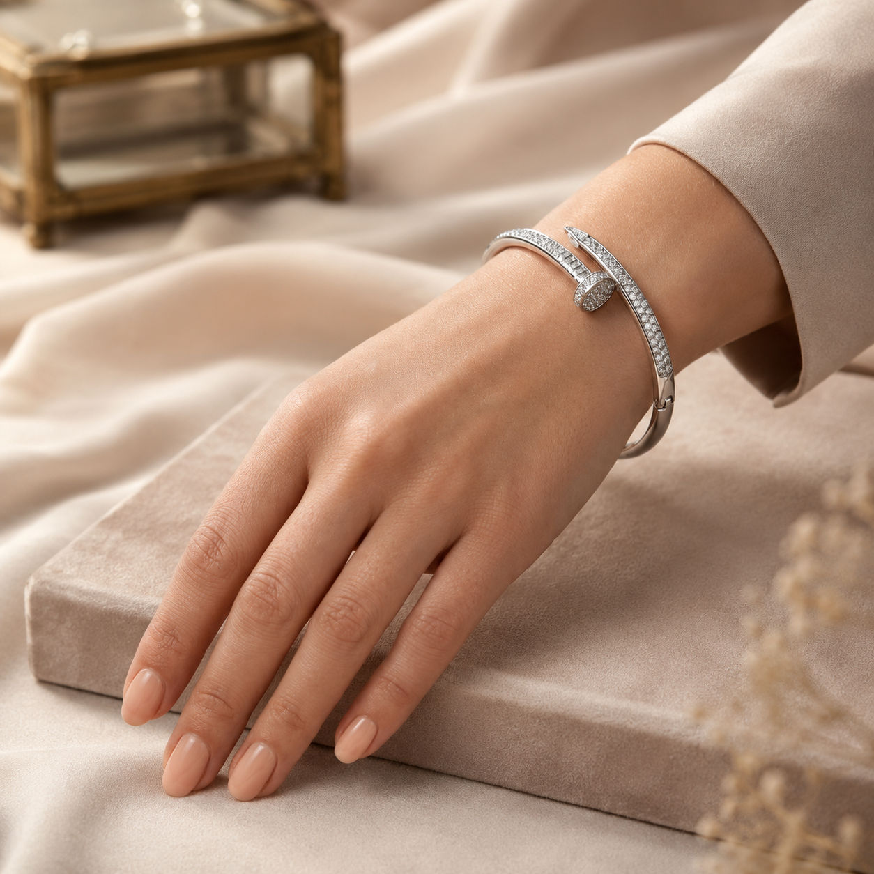 Women’s-silver-nail-design-open-cuff-bracelet-with-crystal-embellishments