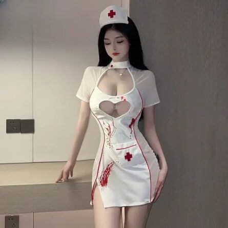 Seductive Bloody Nurse Costume – Heart Cutout Cosplay Outfit for Halloween & Parties - Image 3