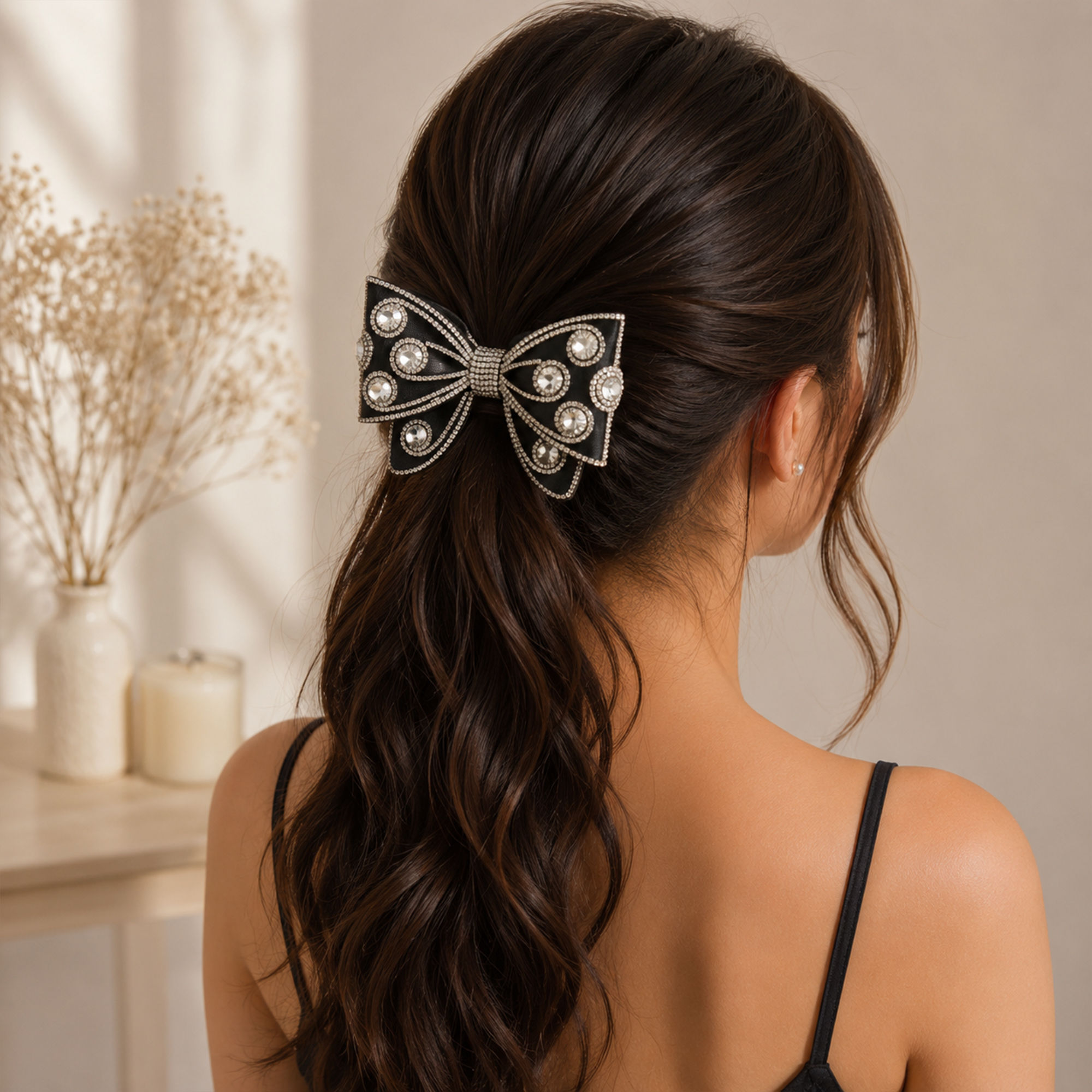 Black-rhinestone-bow-scrunchie-with-crystal-embellished-hair-accessory