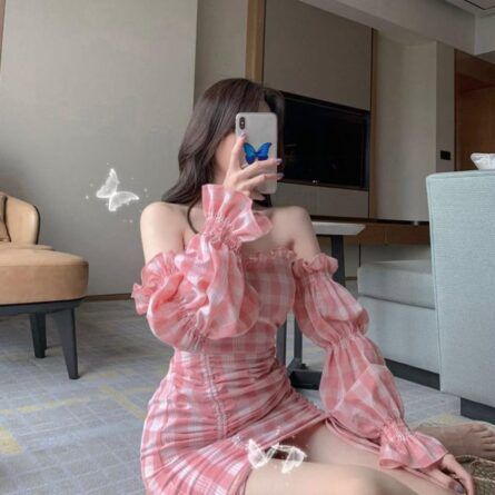 Sweet Pink Gingham Off-Shoulder Ruched Mini Dress - Image 5