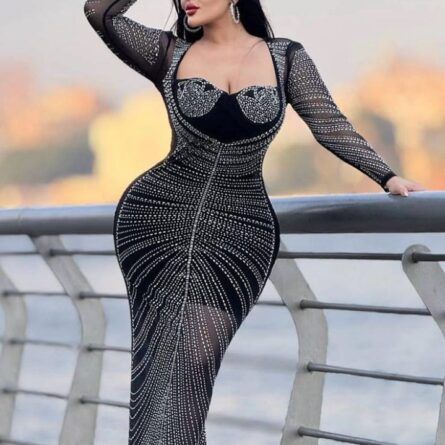 Premium Glamorous Sheer & Crystal Embellished Bodycon Maxi Dress