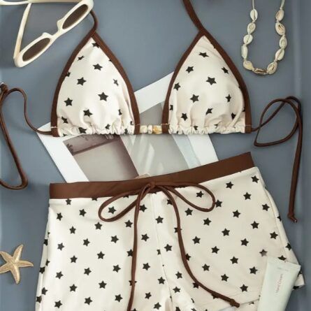 Y2K Retro Star Print Triangle Bikini Two-Piece Set - Beige & Brown - Image 6