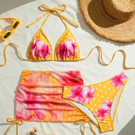 3-Piece Yellow Hibiscus Print Triangle Bikini & Drawstring Skirt Set  - Image 1