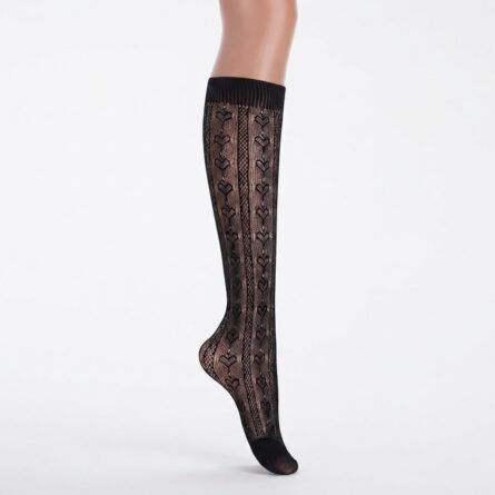 Women's Sheer Knee-High Socks with Delicate Heart & Dot Lace Pattern - Image 7