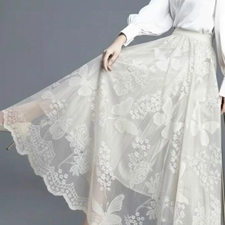 Women's Elegant Floral Lace Maxi Skirt - High-Waisted A-Line Tulle Skirt for Summer - Image 3