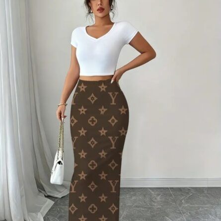 Chic Monogram Print Midi Skirt