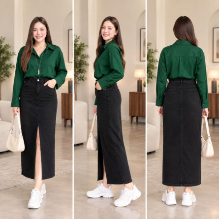 Women’s Green Button-Down Shirt & Black Denim Maxi Skirt Set