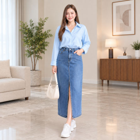 women’s powder blue shirt and light blue denim maxi skirt