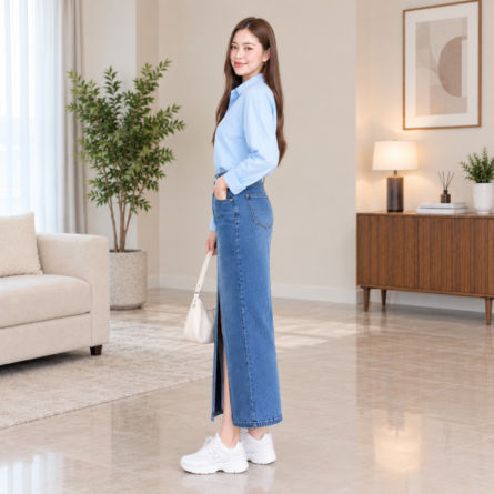women’s powder blue shirt and light blue denim maxi skirt - Image 3