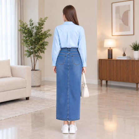 women’s powder blue shirt and light blue denim maxi skirt - Image 4