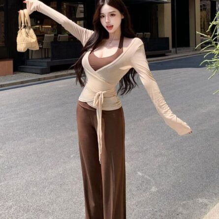 Chic 3-Piece Contrast Wrap Top and Pants Outfit Set - Image 6