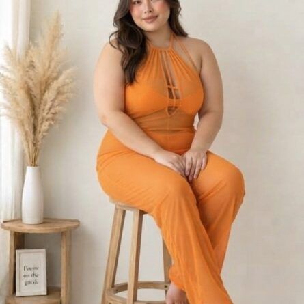 Orange Sheer Mesh Halter Neck One-Piece Night Suit - Image 6