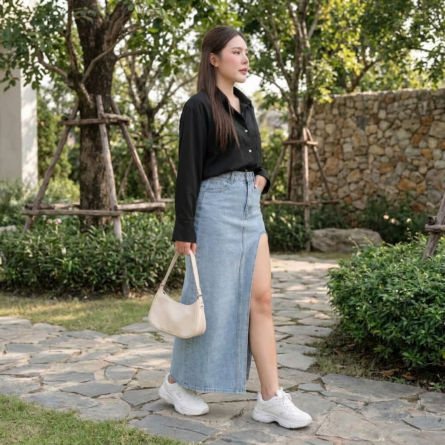 Women’s Black Button-Down Shirt & light blue Denim Maxi Skirt Set - Image 3