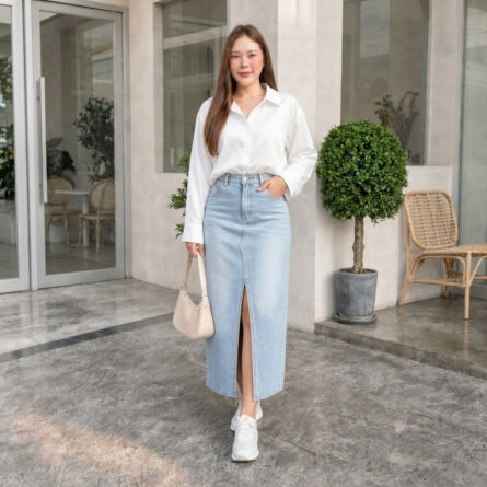 Women’s White Shirt & Light Blue Denim Maxi Skirt Set