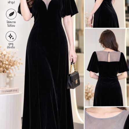 Elegance Velvet Maxi Dress with Sheer Illusion Neckline & Puff Sleeves - Image 4