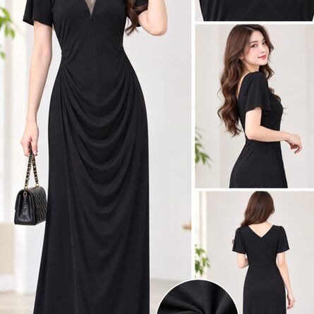 Elegant V-Neck Short Sleeve Ruched Maxi Dress - Image 4