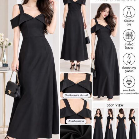Elegant Cold-Shoulder Midi/Maxi Dress – Chic Black Evening & Party Dress - Image 4