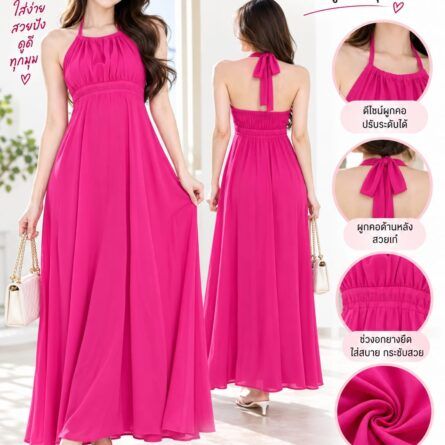 Hot Pink Halter Neck Maxi Dress with Tie-Back Detail - Image 4