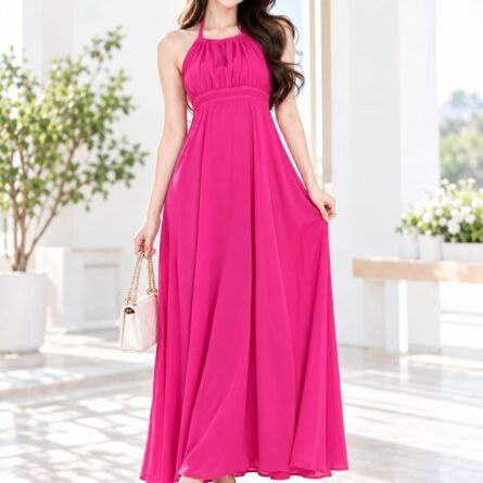 Hot Pink Halter Neck Maxi Dress with Tie-Back Detail