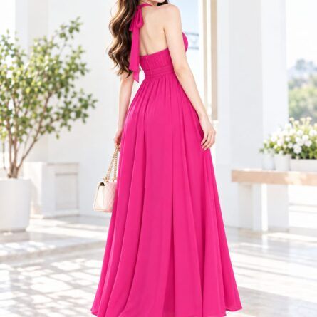 Hot Pink Halter Neck Maxi Dress with Tie-Back Detail - Image 3