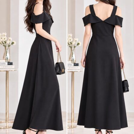 Elegant Cold-Shoulder Midi/Maxi Dress – Chic Black Evening & Party Dress - Image 3