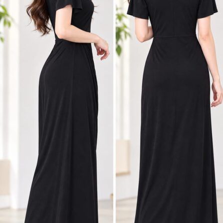 Elegant V-Neck Short Sleeve Ruched Maxi Dress - Image 3