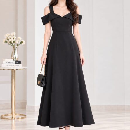 Elegant Cold-Shoulder Midi/Maxi Dress – Chic Black Evening & Party Dress