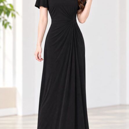 Elegant V-Neck Short Sleeve Ruched Maxi Dress