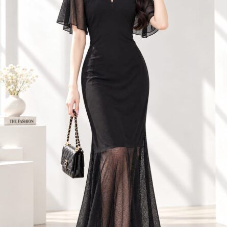 Elegant Black Mesh-Spliced Mermaid Long Dress