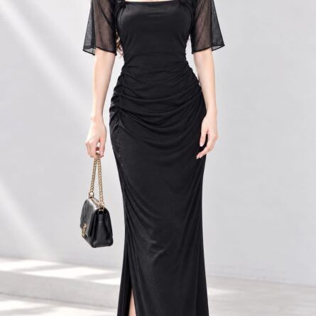 Elegant Mesh-Accented Slit Maxi Dress
