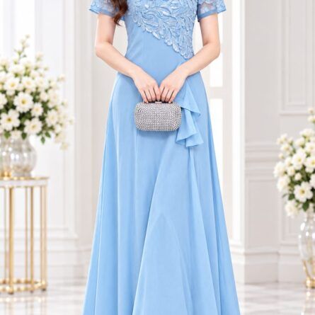 Elegant A-Line Maxi Dress with Exquisite Lace & Ruffle Detail (Light Blue) Description: