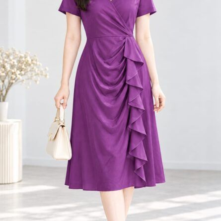 Elegant V-Neck Ruffled Midi Dress – Slimming Fit & Comfortable Fabric for All Occasions