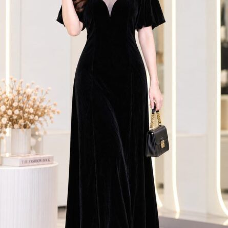 Elegance Velvet Maxi Dress with Sheer Illusion Neckline & Puff Sleeves
