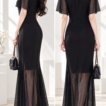 Elegant Black Mesh-Spliced Mermaid Long Dress - Image 3