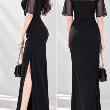 Elegant Mesh-Accented Slit Maxi Dress - Image 3