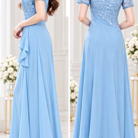 Elegant A-Line Maxi Dress with Exquisite Lace & Ruffle Detail (Light Blue) Description: - Image 3