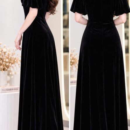 Elegance Velvet Maxi Dress with Sheer Illusion Neckline & Puff Sleeves - Image 3