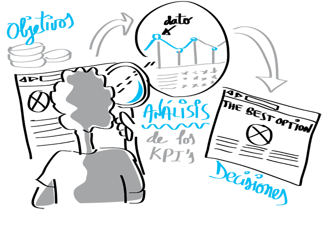 Ilustración de un redactor analizando contenido y métricas en una página