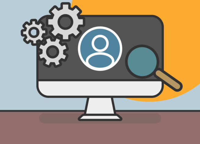 Engranaje y computador, simulando una búsqueda.