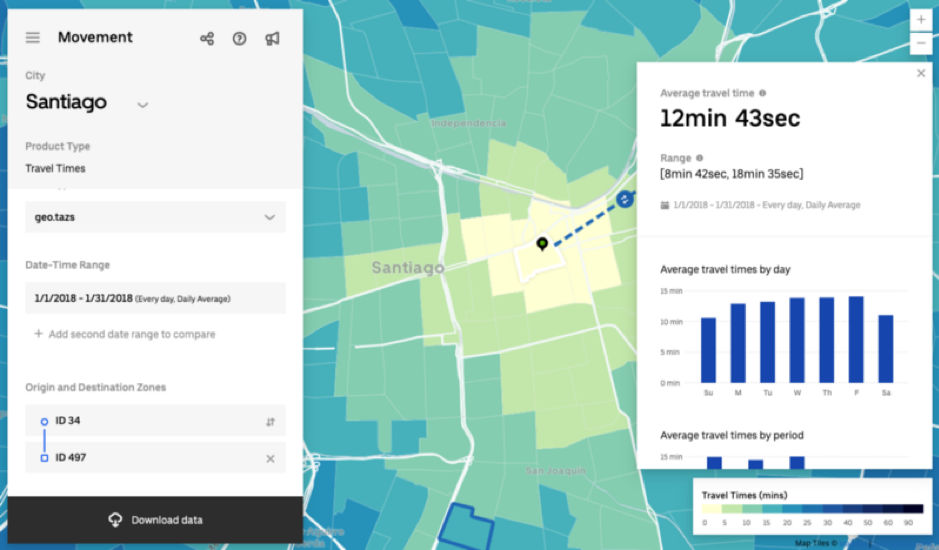 En el mapa de la Región Metropolitana de Santiago, e señala el tiempo de real de viaje por zonas.