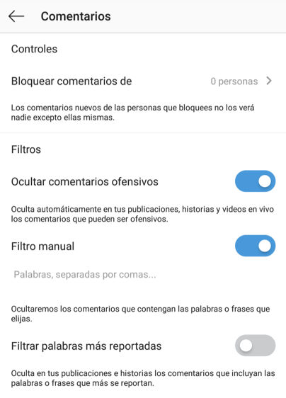 Configuración de comentarios para Instagram Live.
