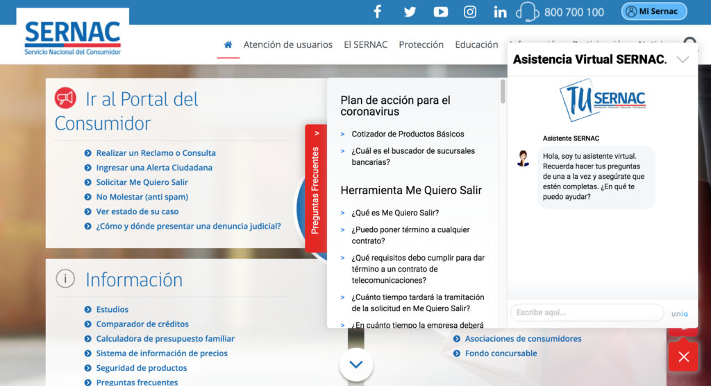 Portarl del consumidor Sernac con diferenciación clara entre preguntas frecuentes.