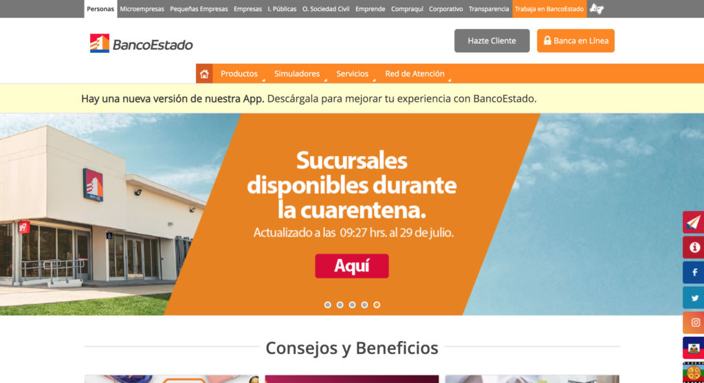 Homepage de Banco Estado donde se ve la fecha de actualización de los contenidos relacionados al Covid-19.