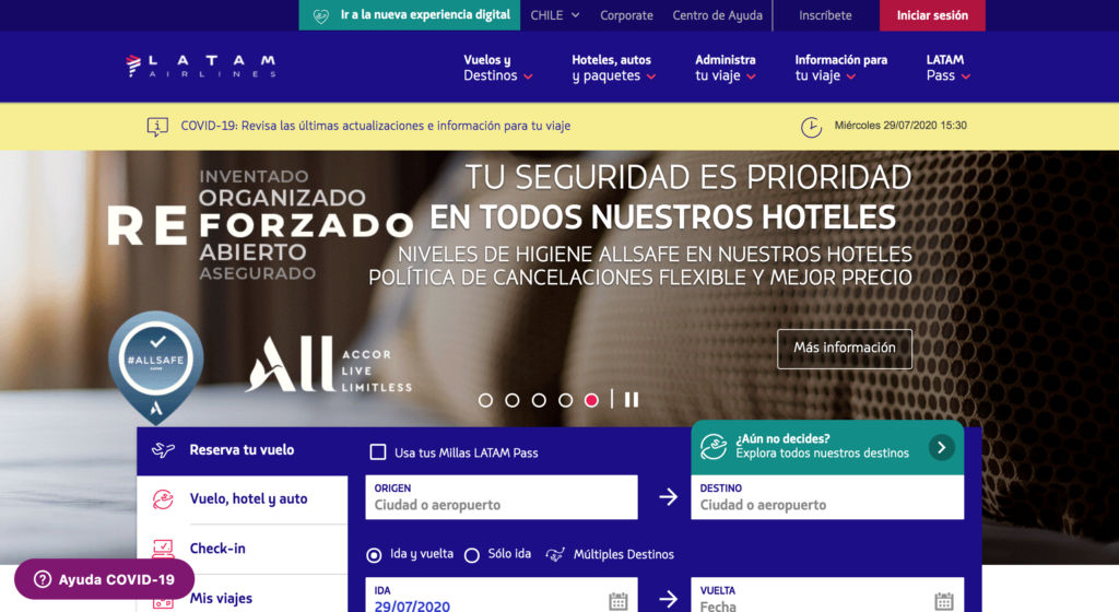 Homepage de Latam con información sobre vuelos y seguridad frente a Covid.