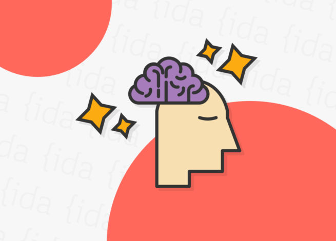 Cabeza de una persona con un cerebro afuera, el cual tiene brillos a su alrededor. Esto refleja las mejoras en la concentración.